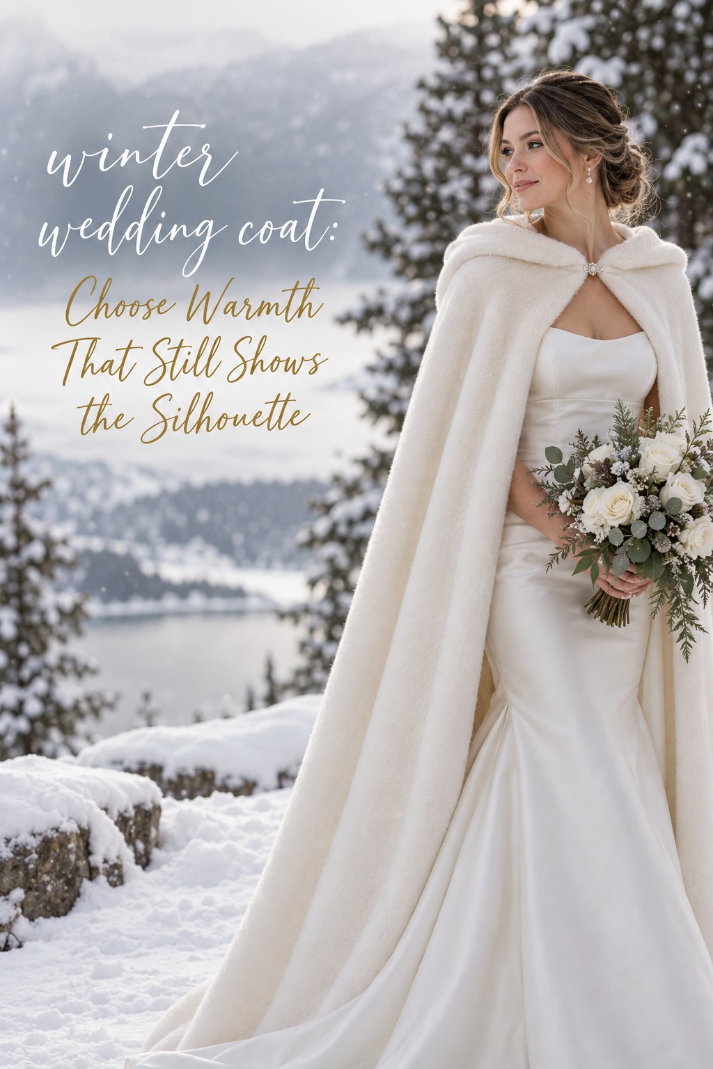 winter wedding coat as an ivory bridal cape over a satin gown in snowy mountain portraits