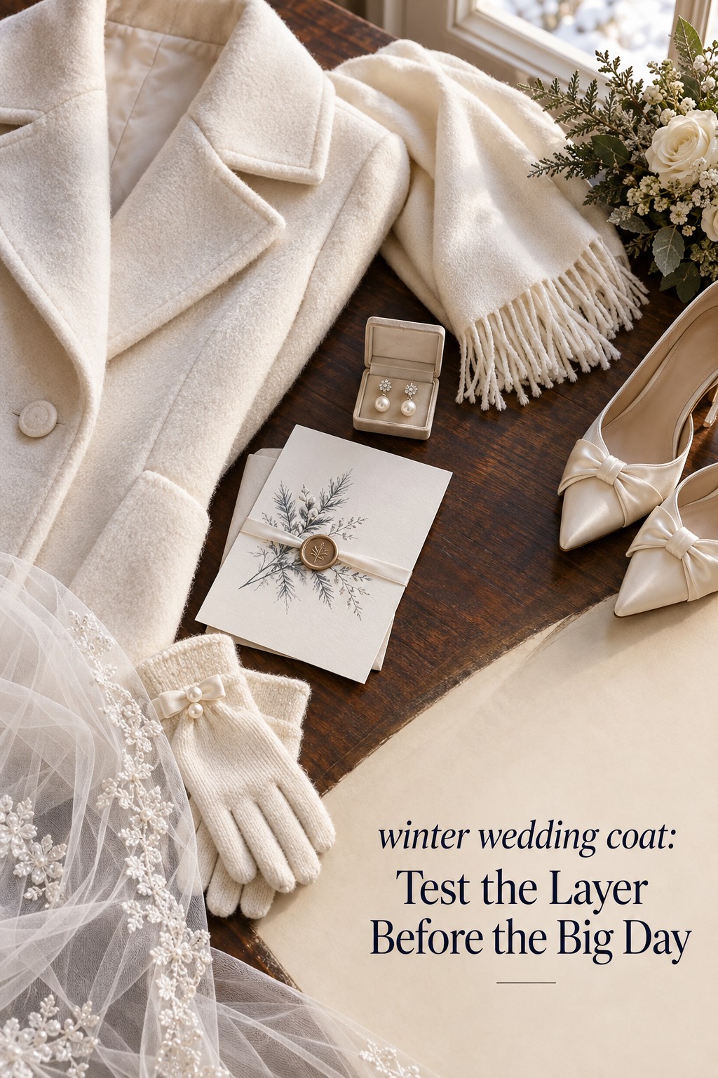 winter wedding coat planning still life with ivory wrap gloves pearls shoes and bridal invitation