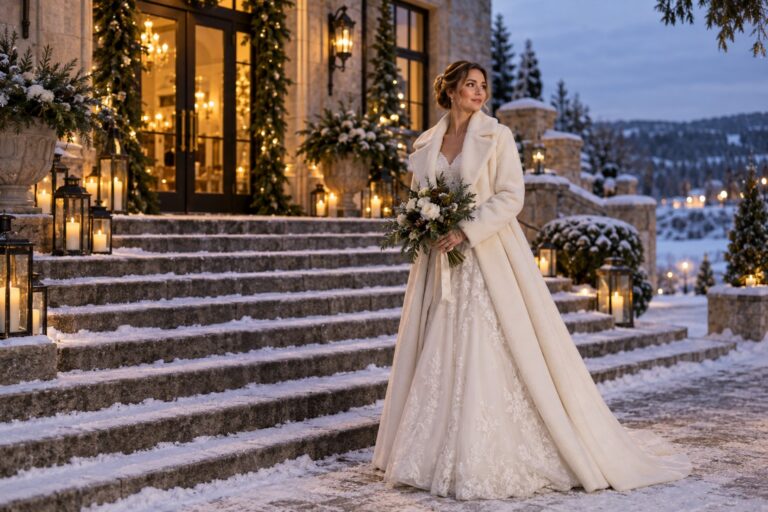 Bride in an ivory winter wedding coat outside a candlelit snowy wedding venue