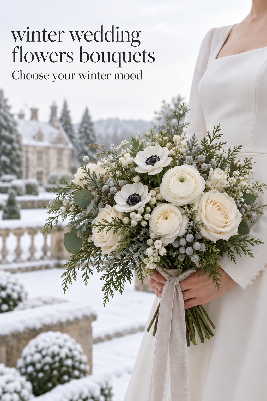 Winter wedding flowers bouquets in ivory and cedar