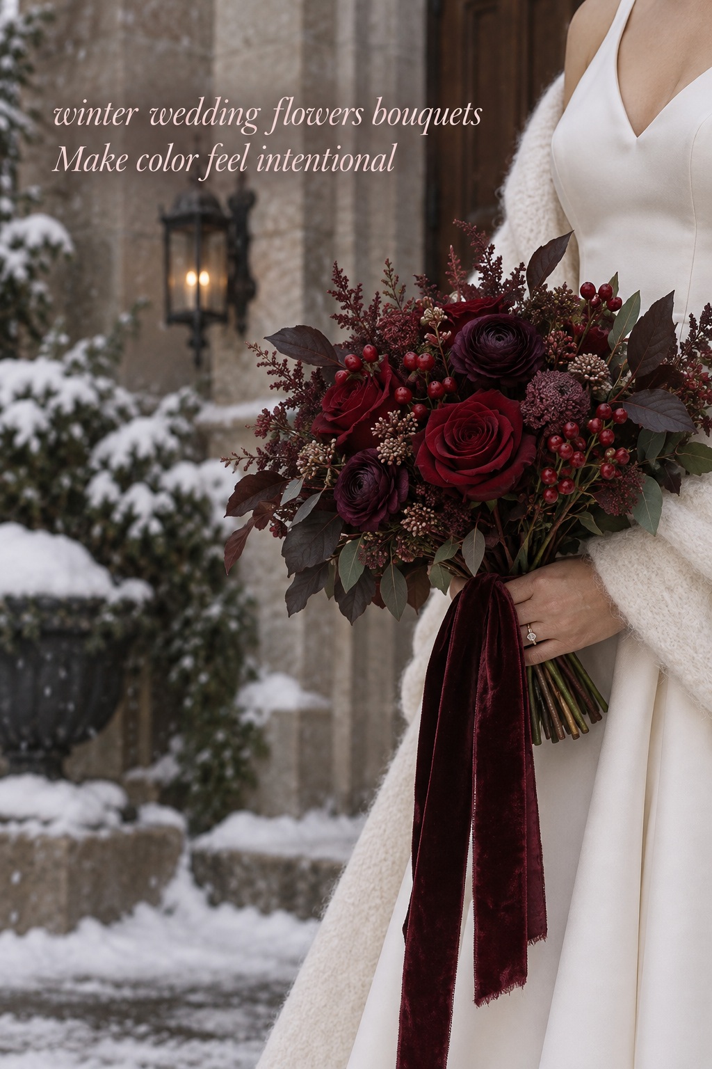 Winter wedding flowers bouquets in burgundy and plum