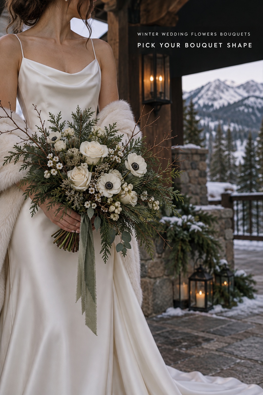 Winter wedding flowers bouquets with woodland texture