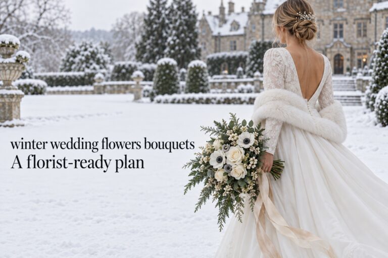 Winter wedding flowers bouquets beside a snowy manor