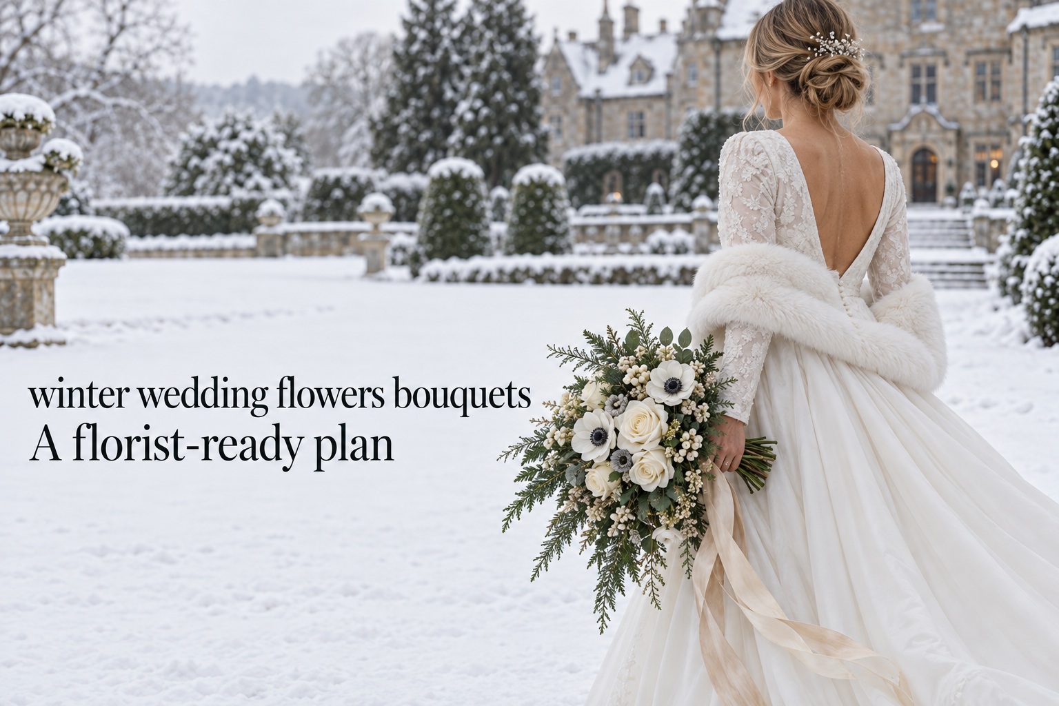 Winter wedding flowers bouquets beside a snowy manor
