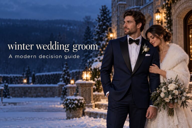 winter wedding groom in a midnight navy tuxedo with partner at a snowy estate