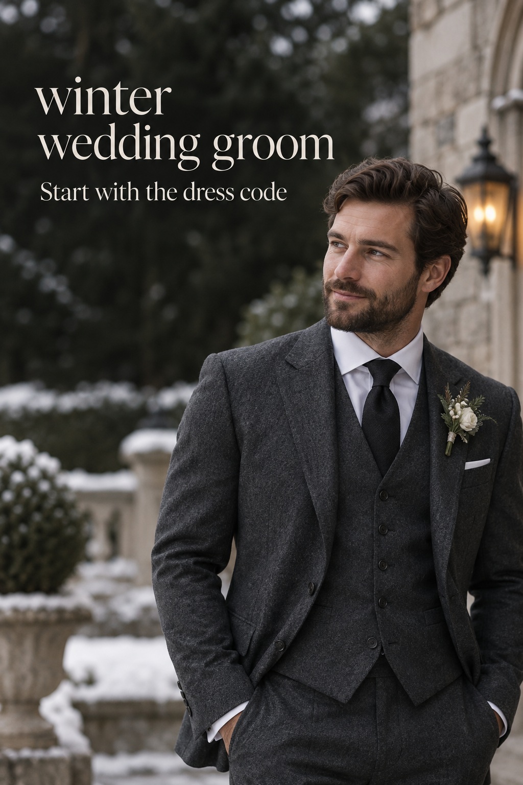 winter wedding groom in a charcoal three-piece suit outside a stone estate