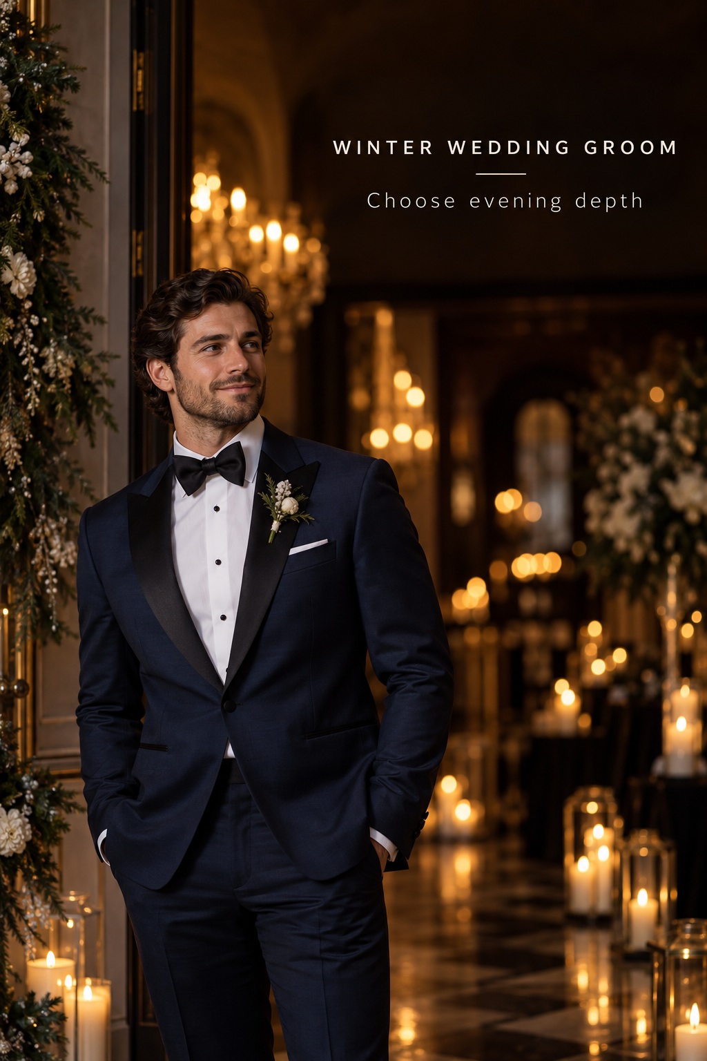 winter wedding groom wearing a midnight-blue tuxedo in a candlelit ballroom