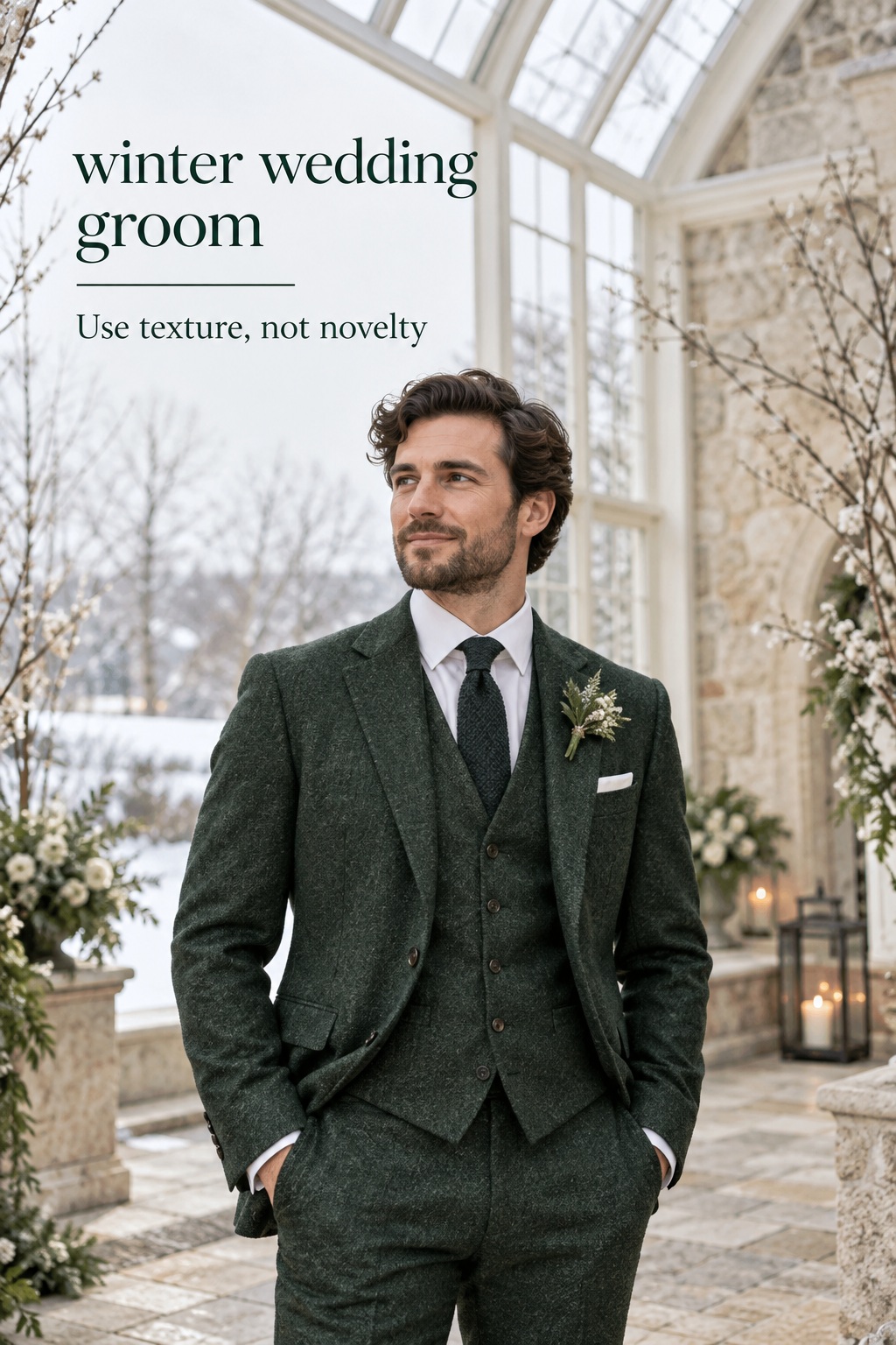winter wedding groom in a textured deep green suit at a bright estate venue