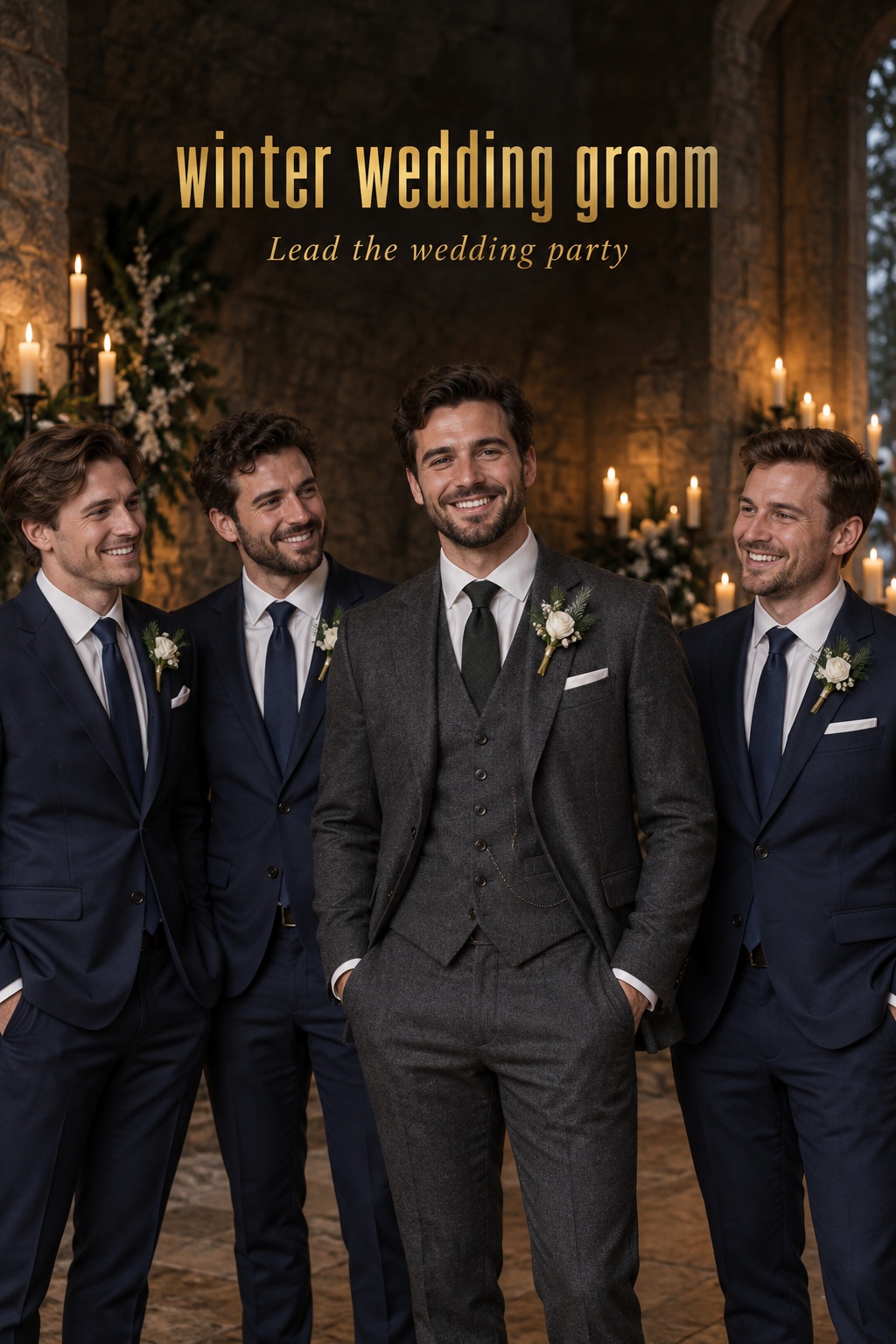 winter wedding groom standing distinctly with groomsmen in coordinated navy suits