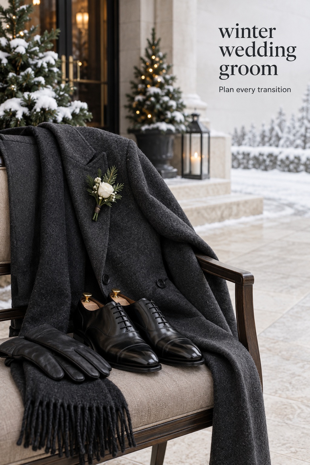winter wedding groom outerwear shoes gloves and boutonniere prepared for cold-weather transitions
