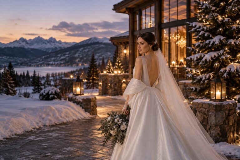 winter wedding hair bride in low bun at snowy candlelit venue