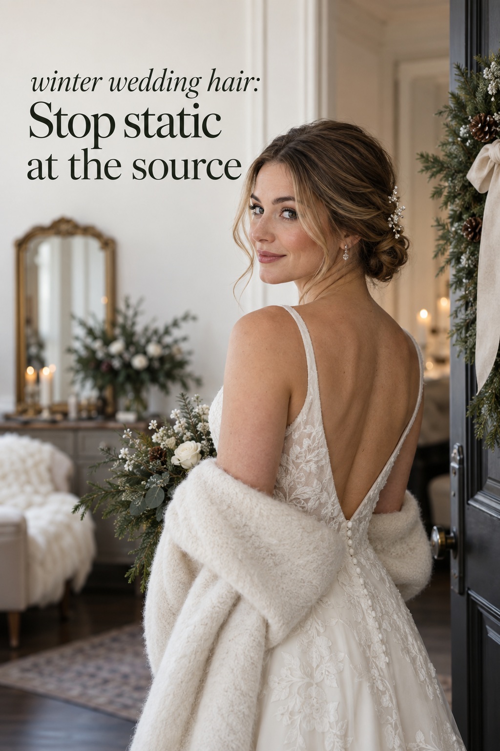 winter wedding hair bride in low bun with controlled face framing