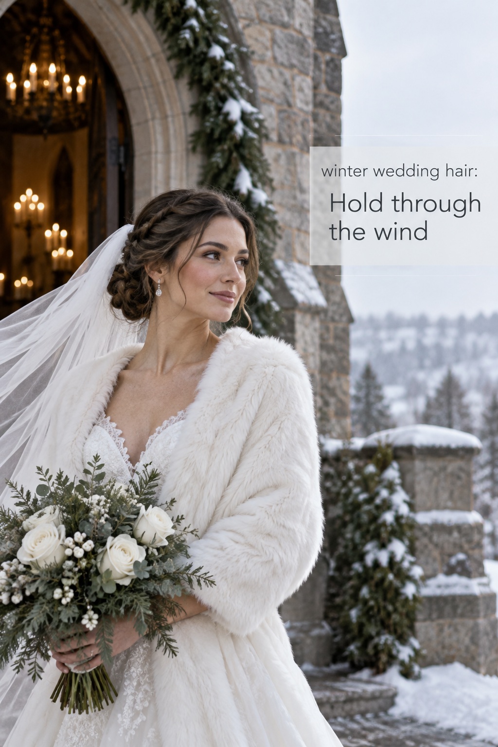 winter wedding hair bride with braided low bun and veil outdoors