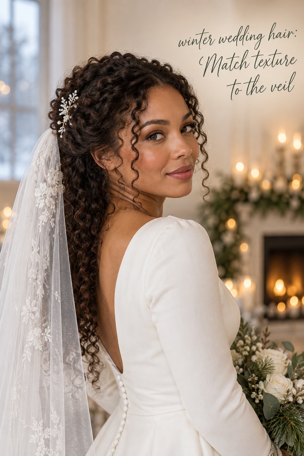 winter wedding hair bride with defined curls half up and veil