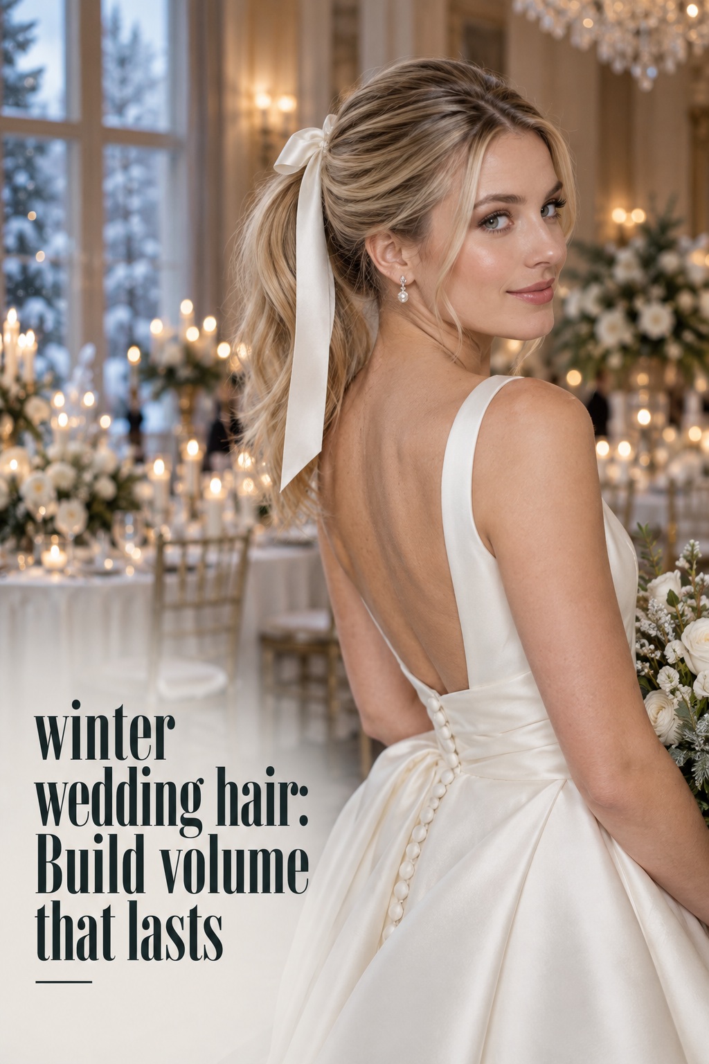 winter wedding hair bride with polished volume ponytail and satin ribbon