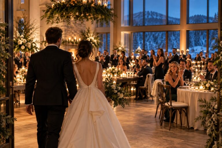 winter wedding reception entrance glowing with candlelit tables and blue evening windows
