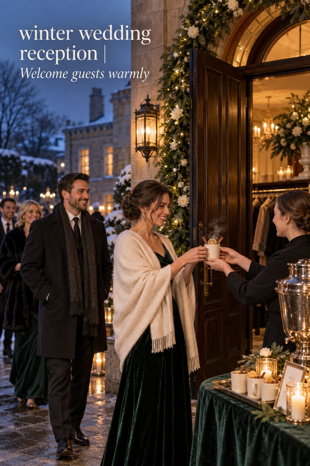 winter wedding reception welcome with warm drink and coat check at a glowing venue entrance