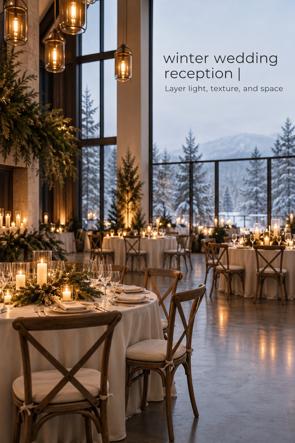 winter wedding reception room with candlelight ivory linen evergreen and warm layered lighting