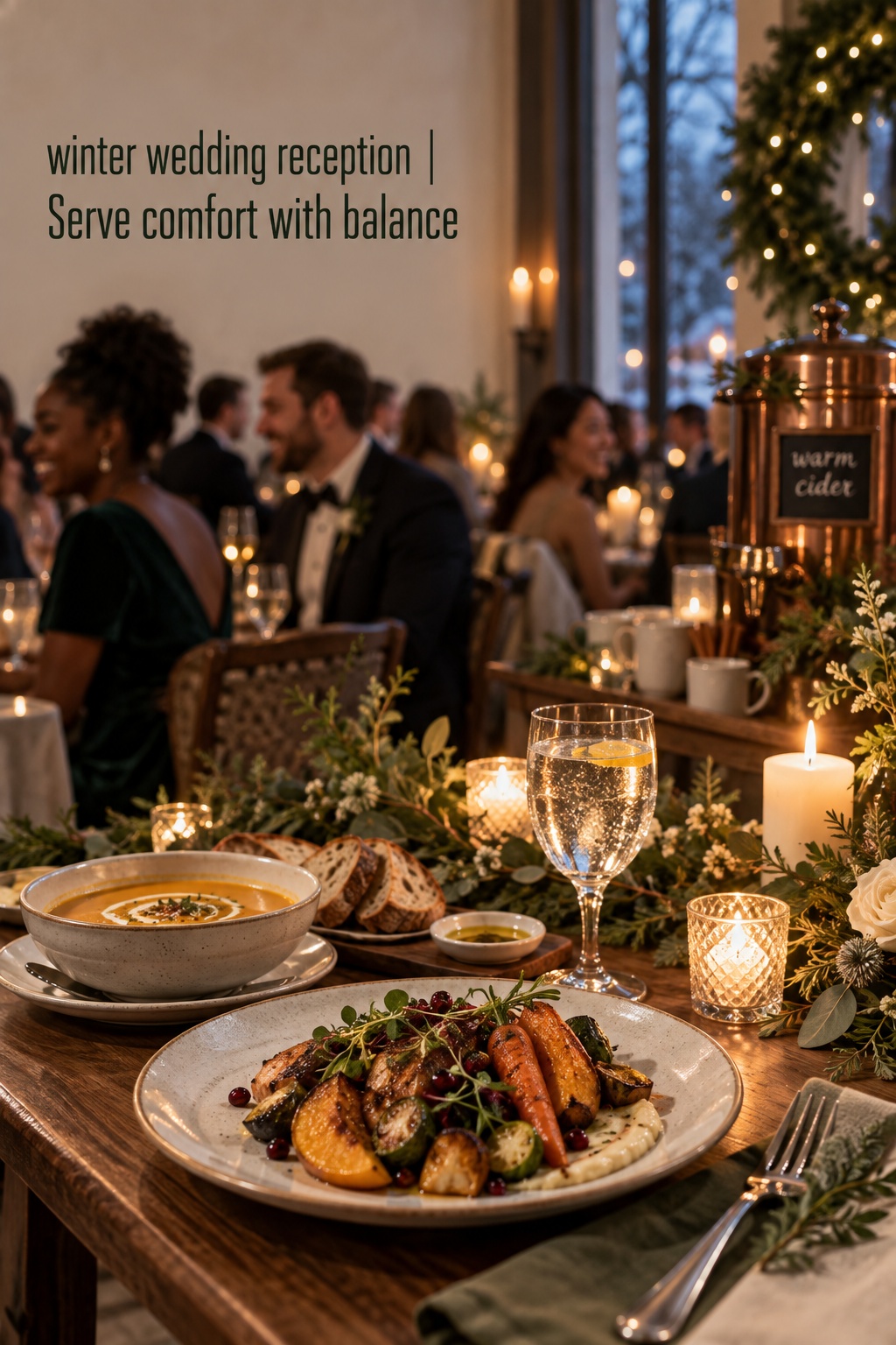 winter wedding reception seasonal dinner with soup roasted vegetables warm cider and sparkling water