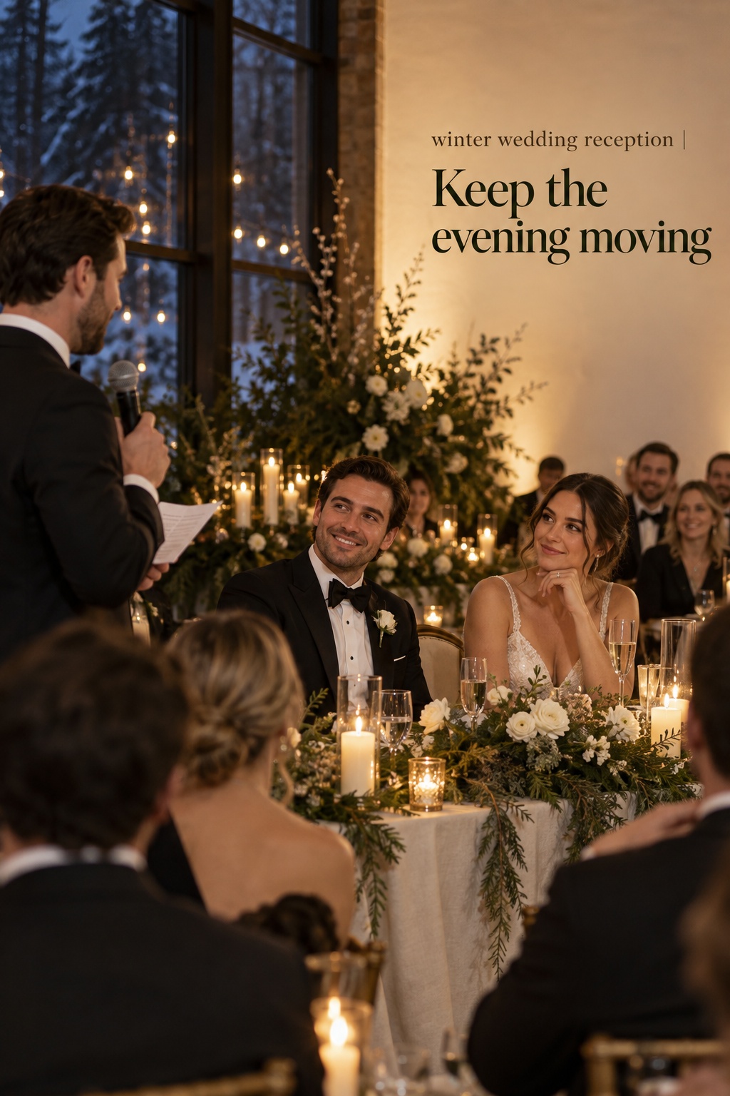 winter wedding reception couple listening during candlelit speeches under warm pin lights