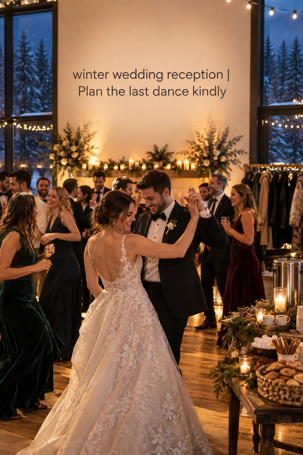 winter wedding reception late night dancing with warm string lights hot drink and snack station