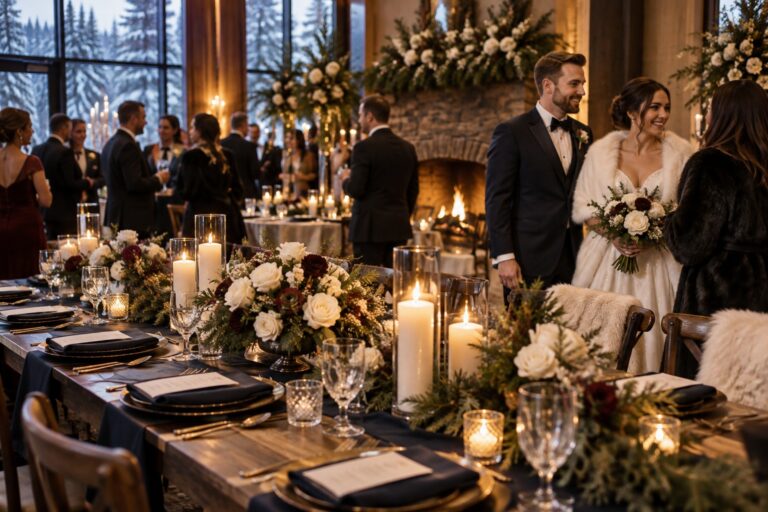 winter wedding themes candlelit reception with evergreen and ivory flowers