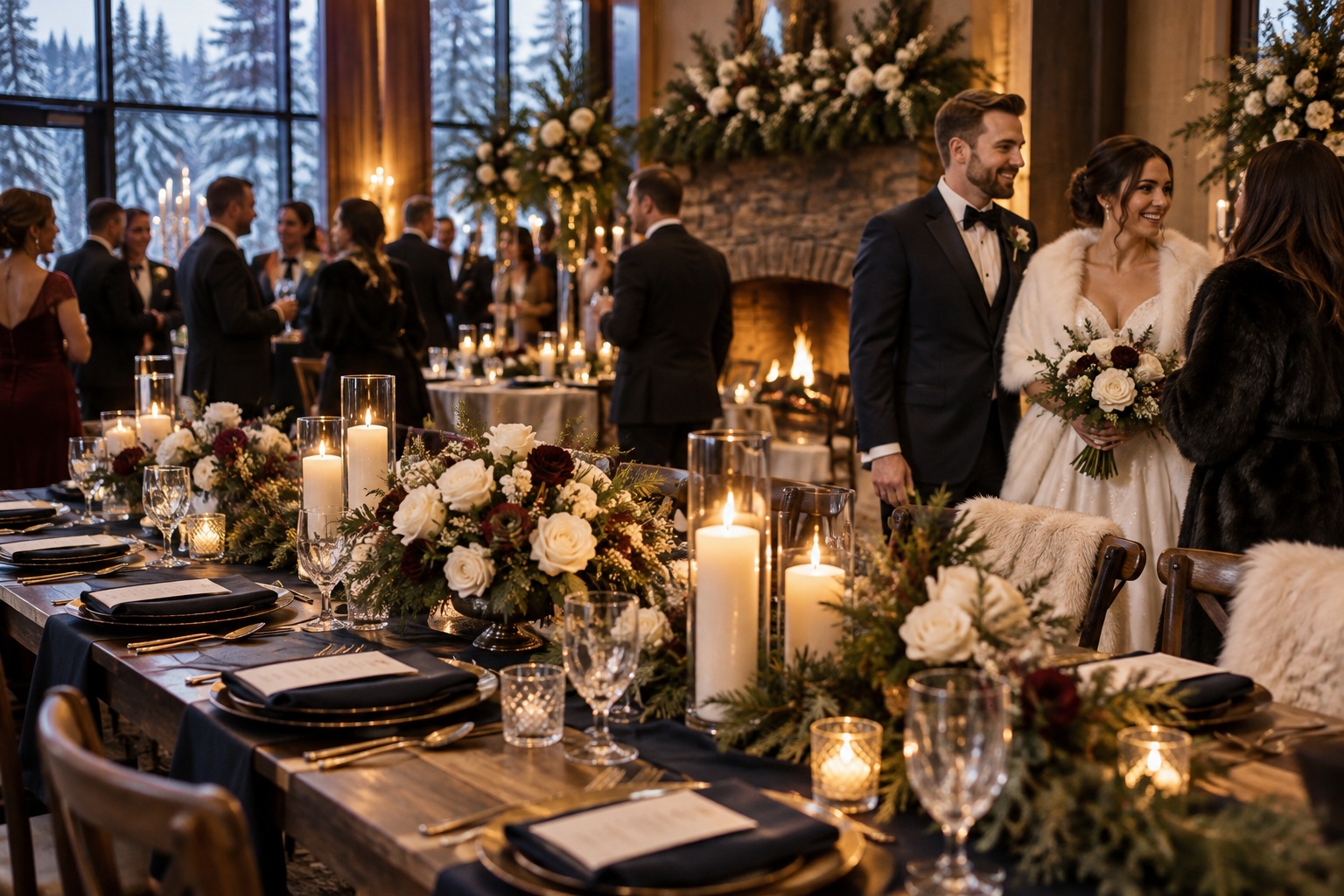 winter wedding themes candlelit reception with evergreen and ivory flowers