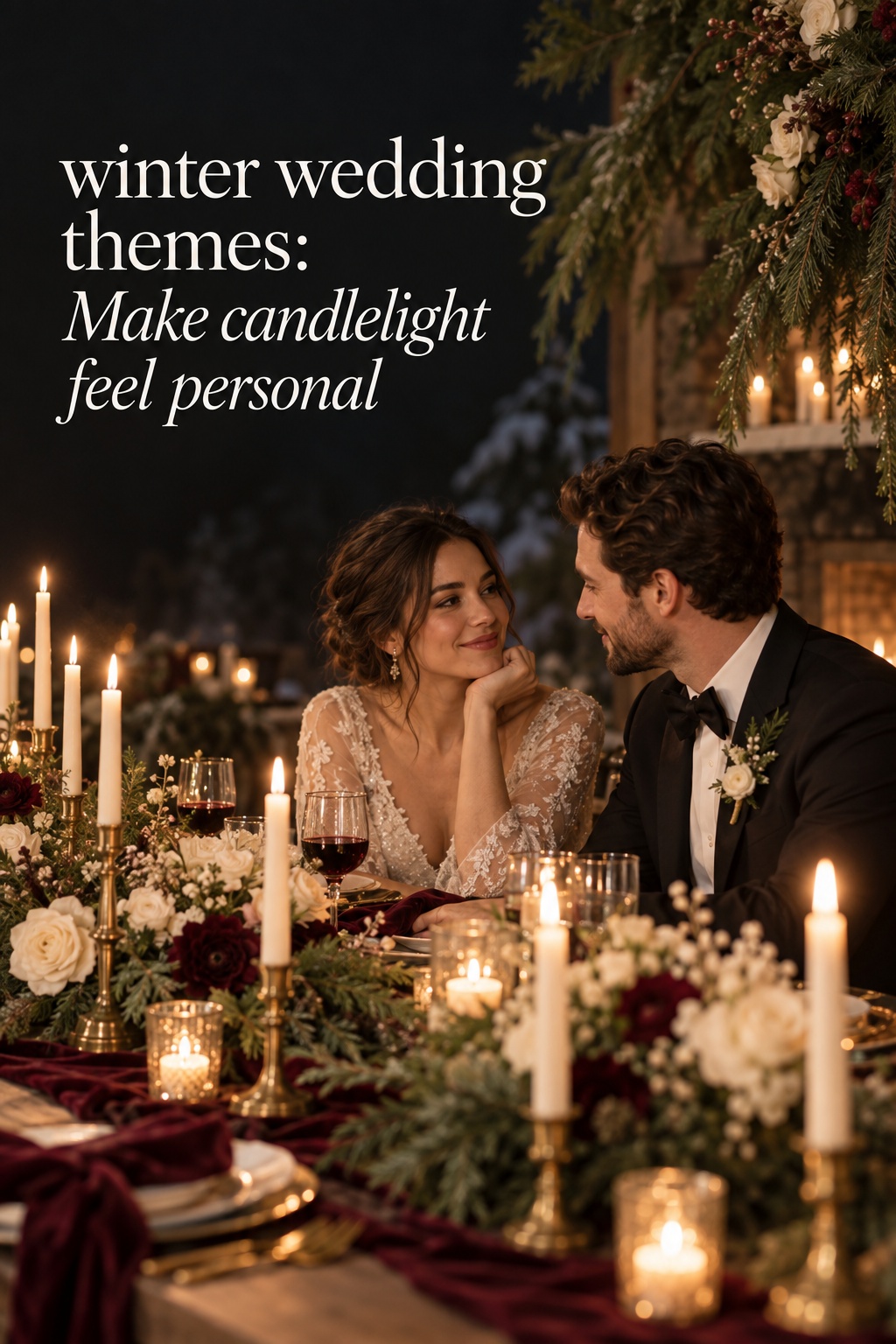 winter wedding themes candlelit reception with burgundy velvet and evergreen
