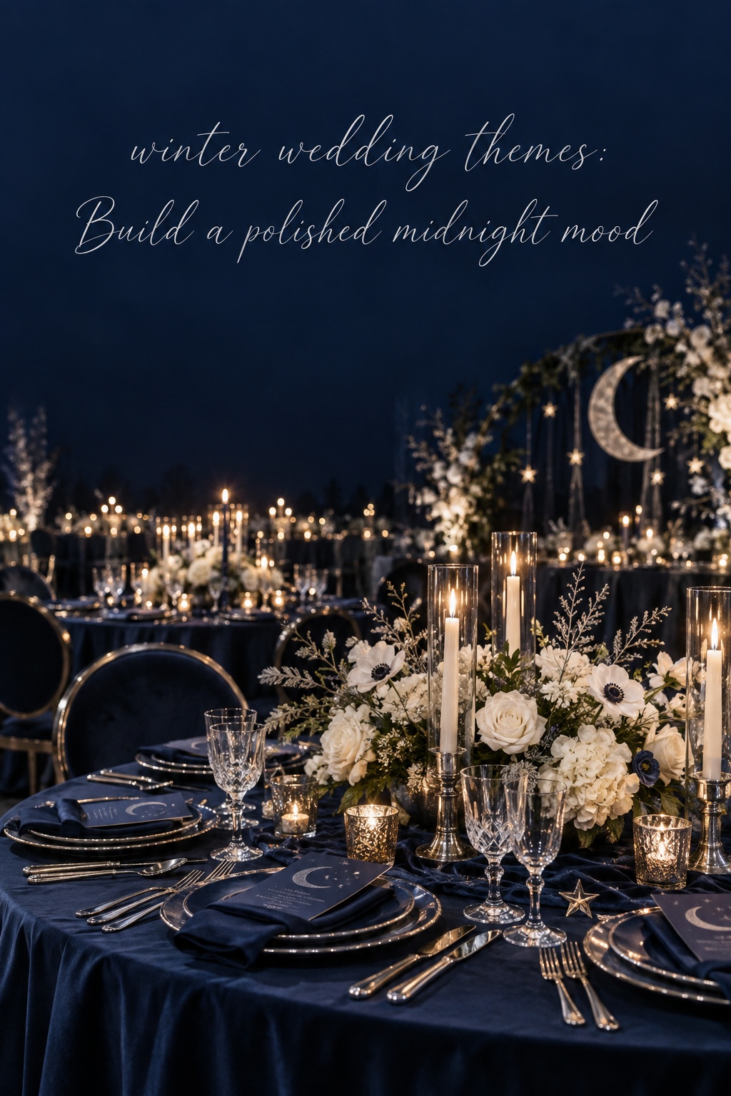 winter wedding themes celestial midnight reception with navy and silver