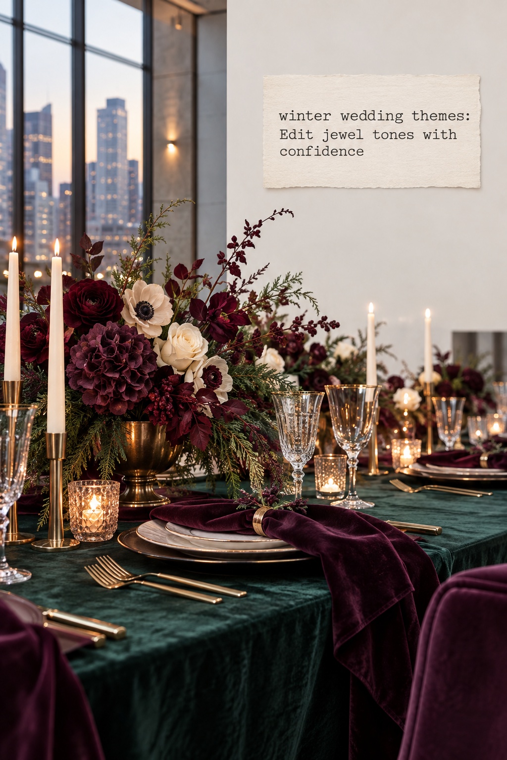 winter wedding themes modern jewel tone reception with emerald and plum