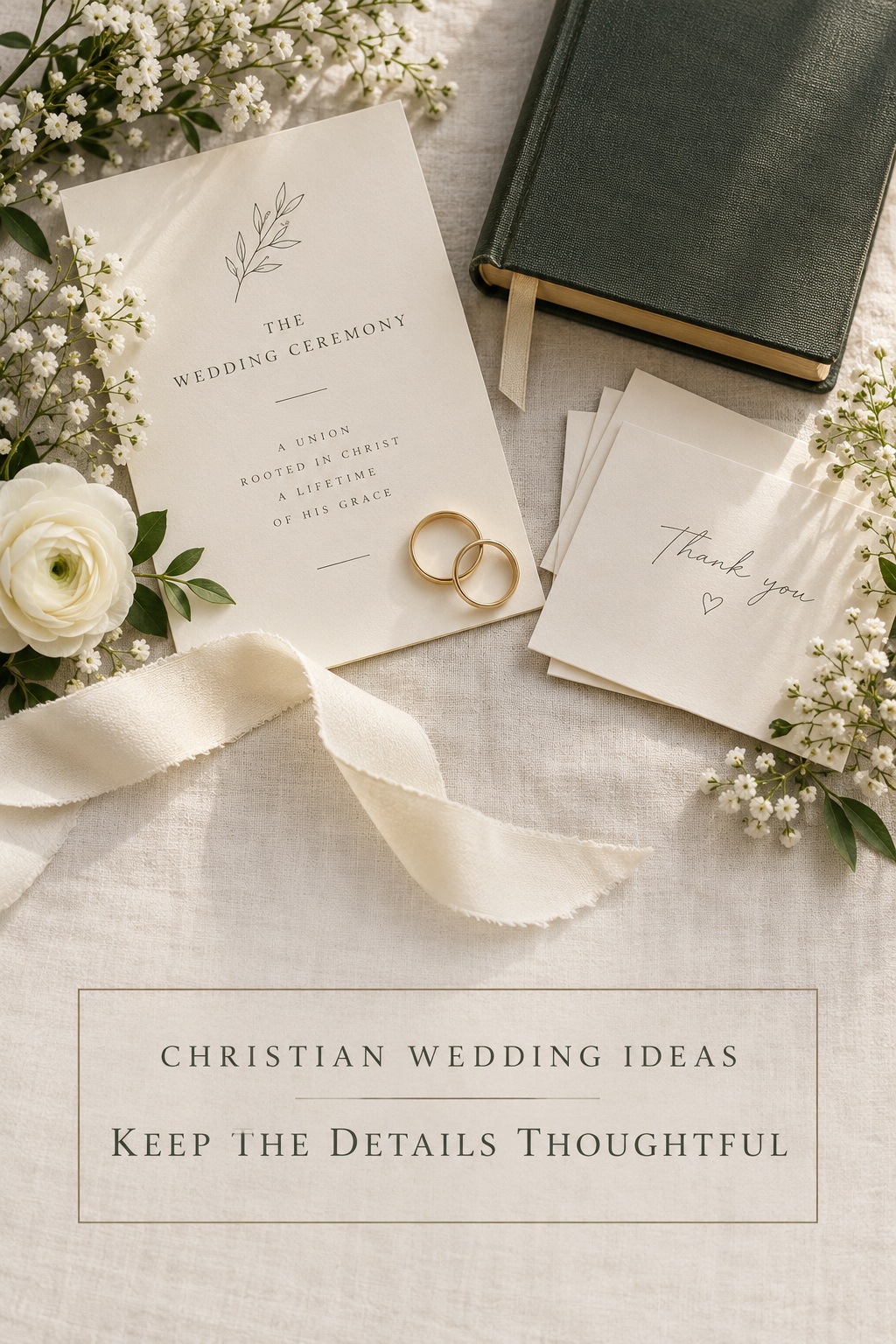 Christian wedding ideas in a thoughtful flat lay of ceremony programs, rings, flowers, and ribbon