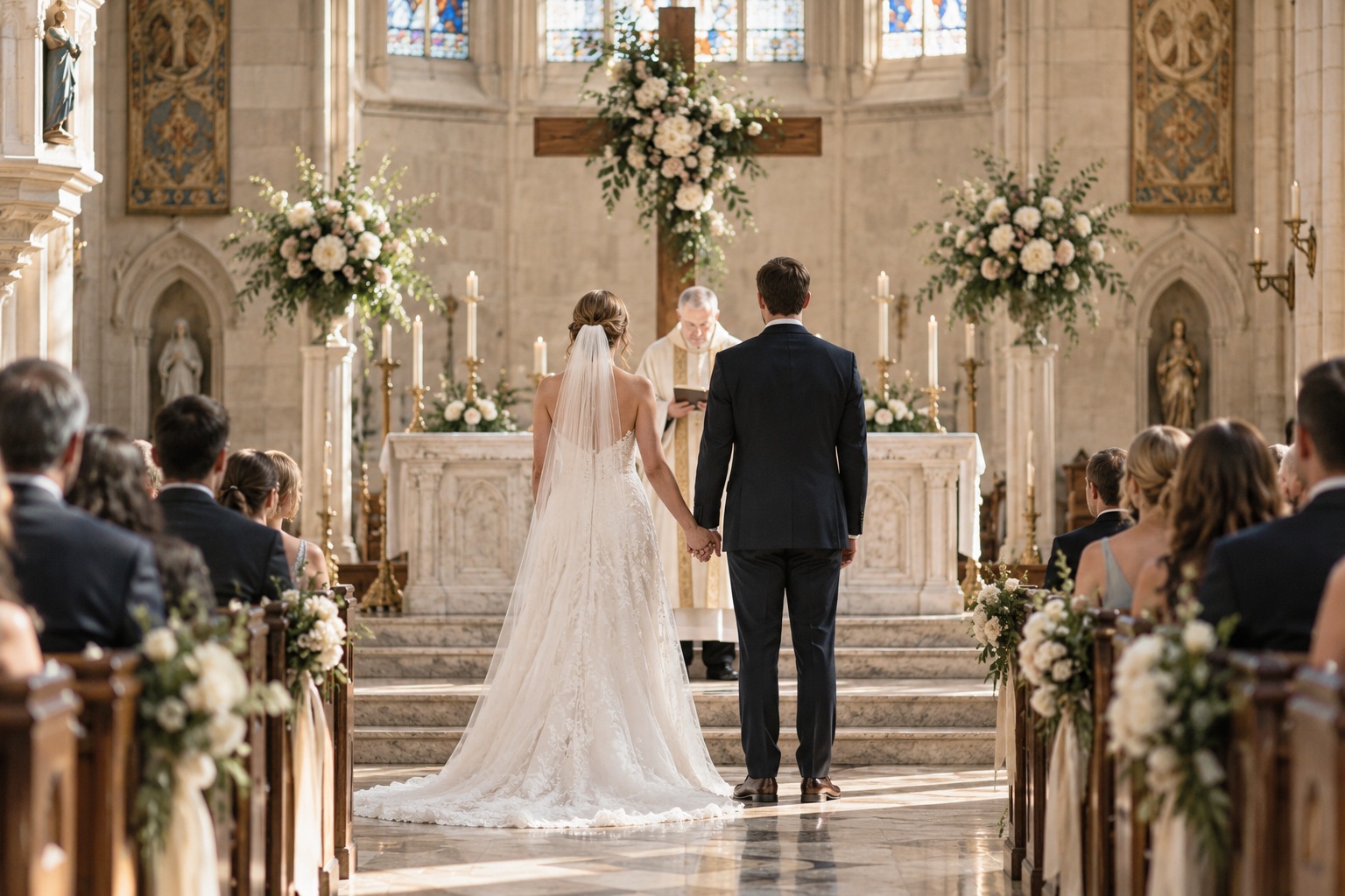 Christian wedding ideas shown at a bright church ceremony with the couple before the altar