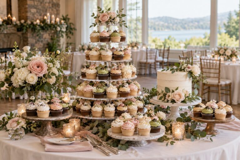 wedding cupcake ideas dessert table with tiered cupcakes and a small cutting cake