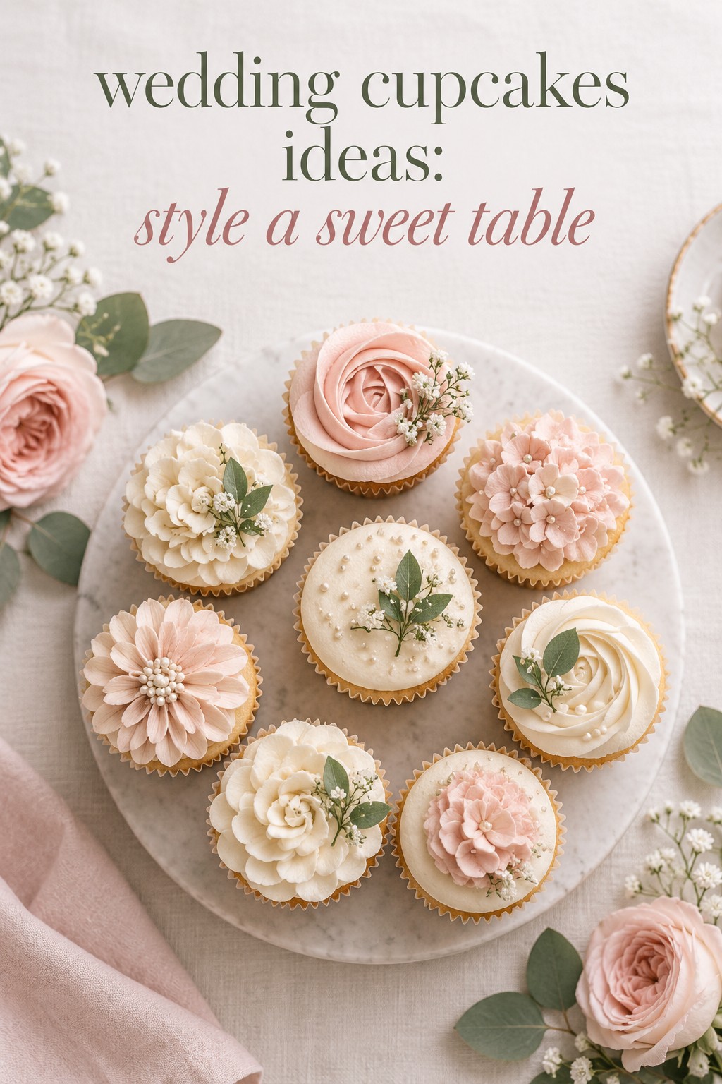 wedding cupcakes ideas flat lay with blush piped frosting and floral accents