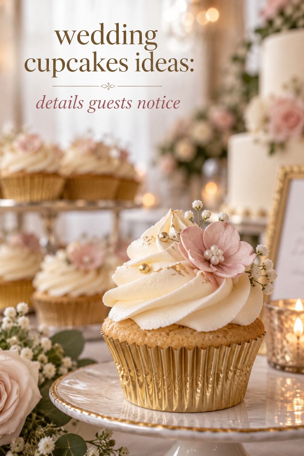 wedding cupcakes ideas close-up of ivory buttercream piping and a blush flower detail