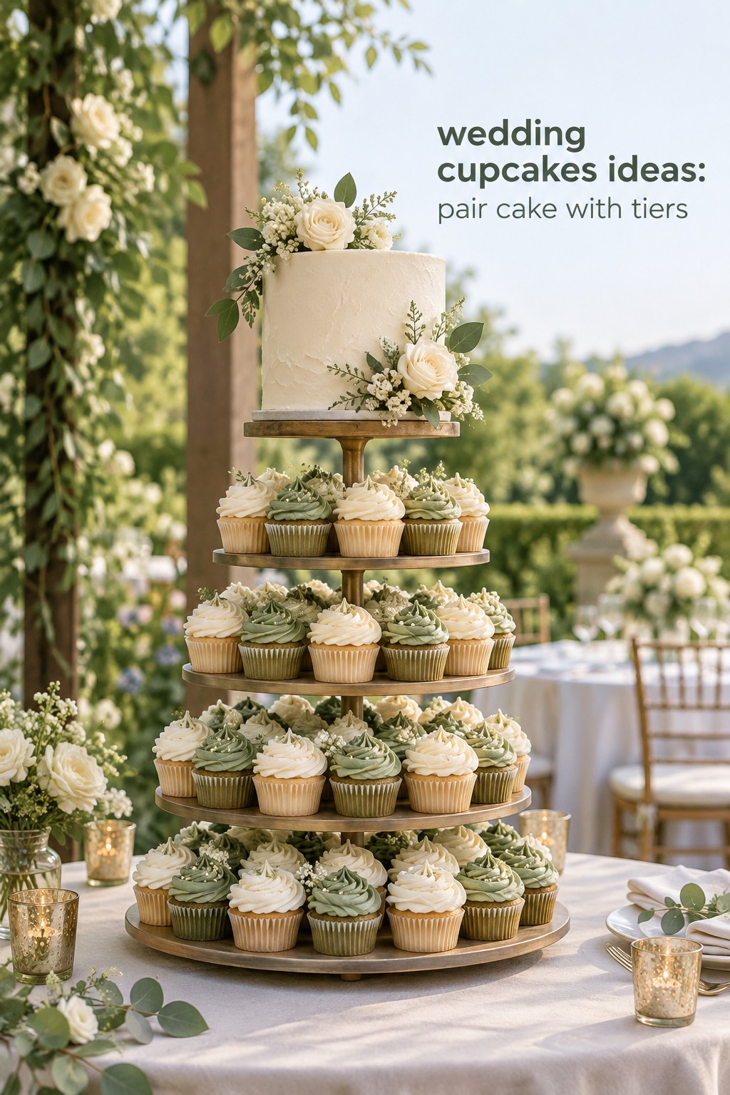 wedding cupcakes ideas tiered display with a small white cutting cake and garden flowers