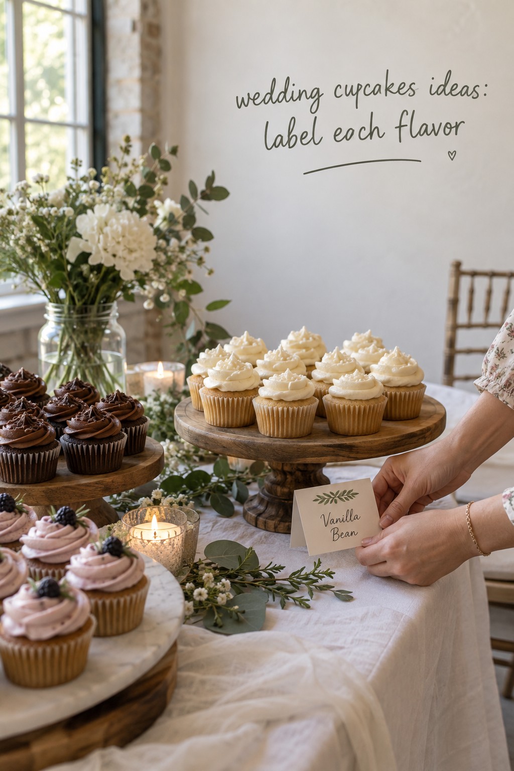 wedding cupcakes ideas UGC-style reception table with a guest hand placing a flavor card