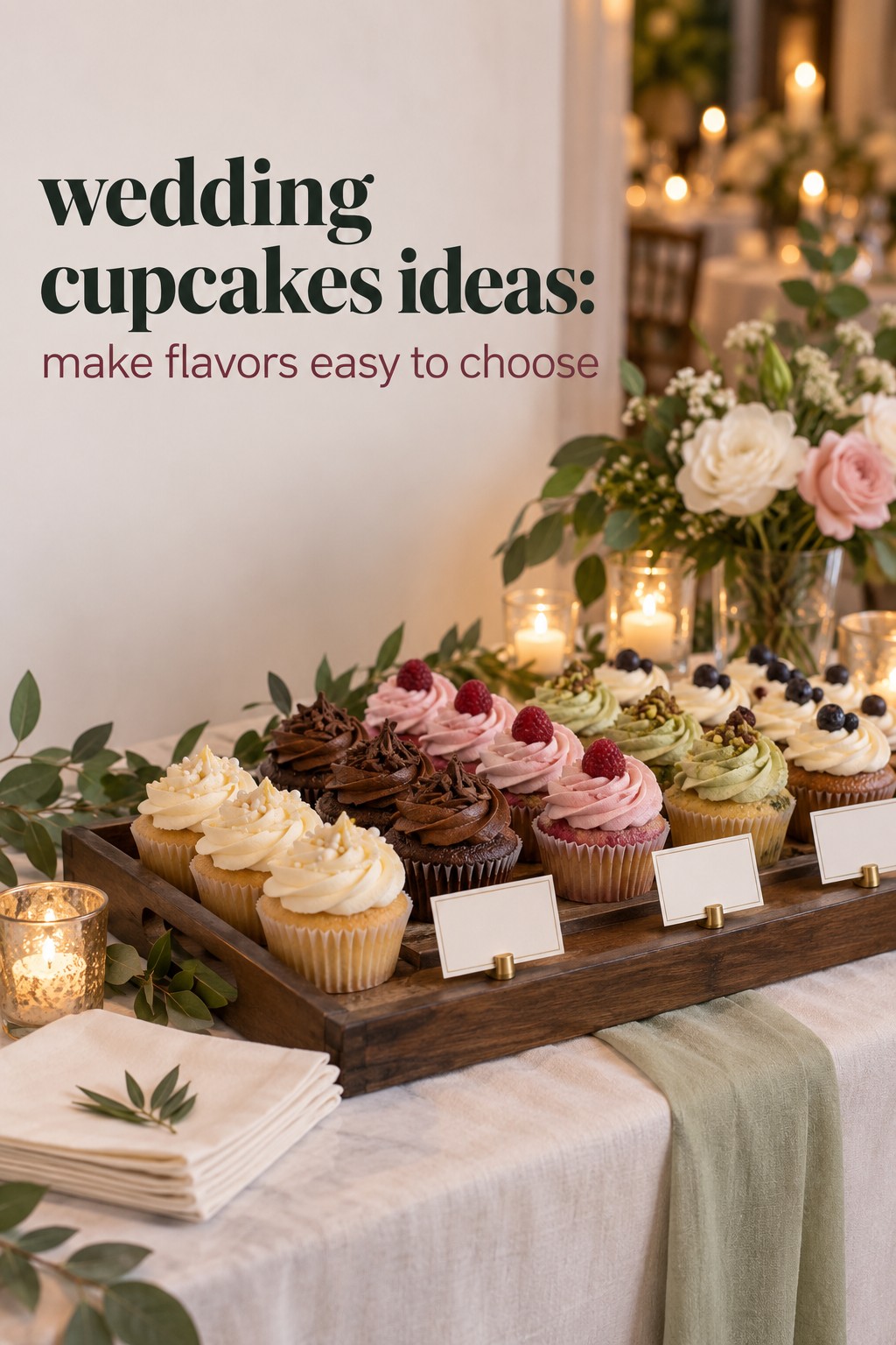wedding cupcakes ideas low tray display with coordinated chocolate, berry, and vanilla flavors