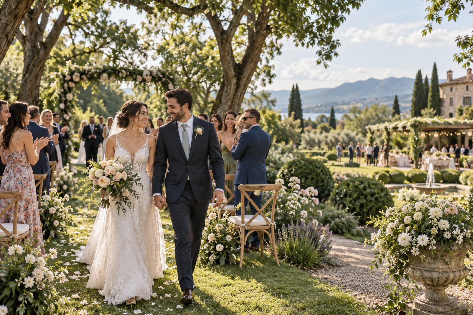 outside wedding ideas with newlyweds walking through a garden celebration