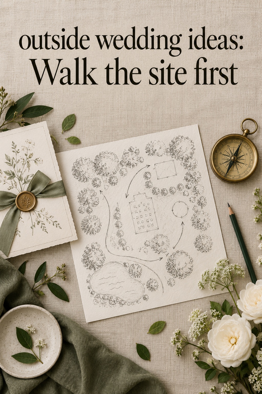 outside wedding ideas site map flat lay with a garden layout, compass and flowers