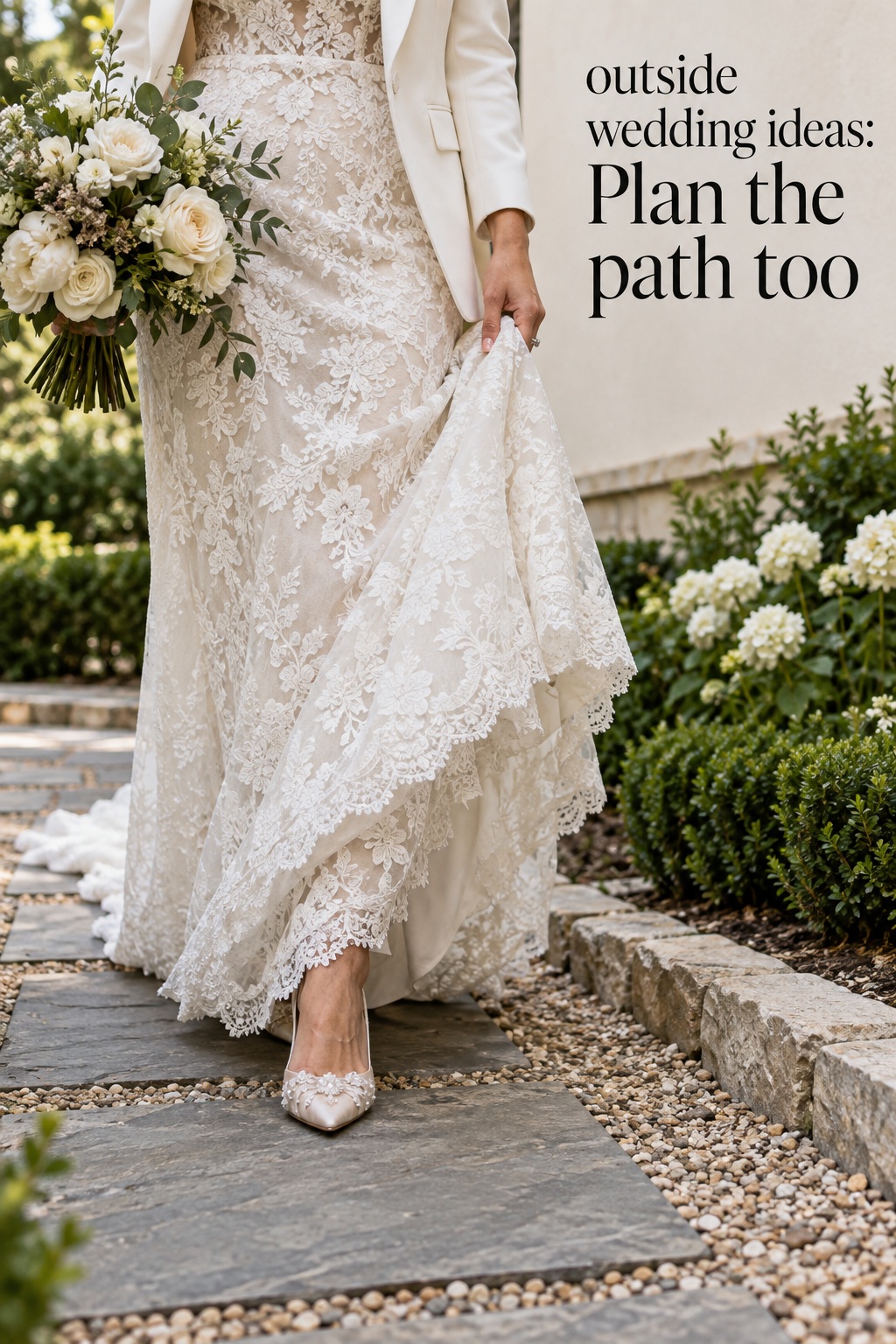 outside wedding ideas showing bridal lace and shoes on a garden path