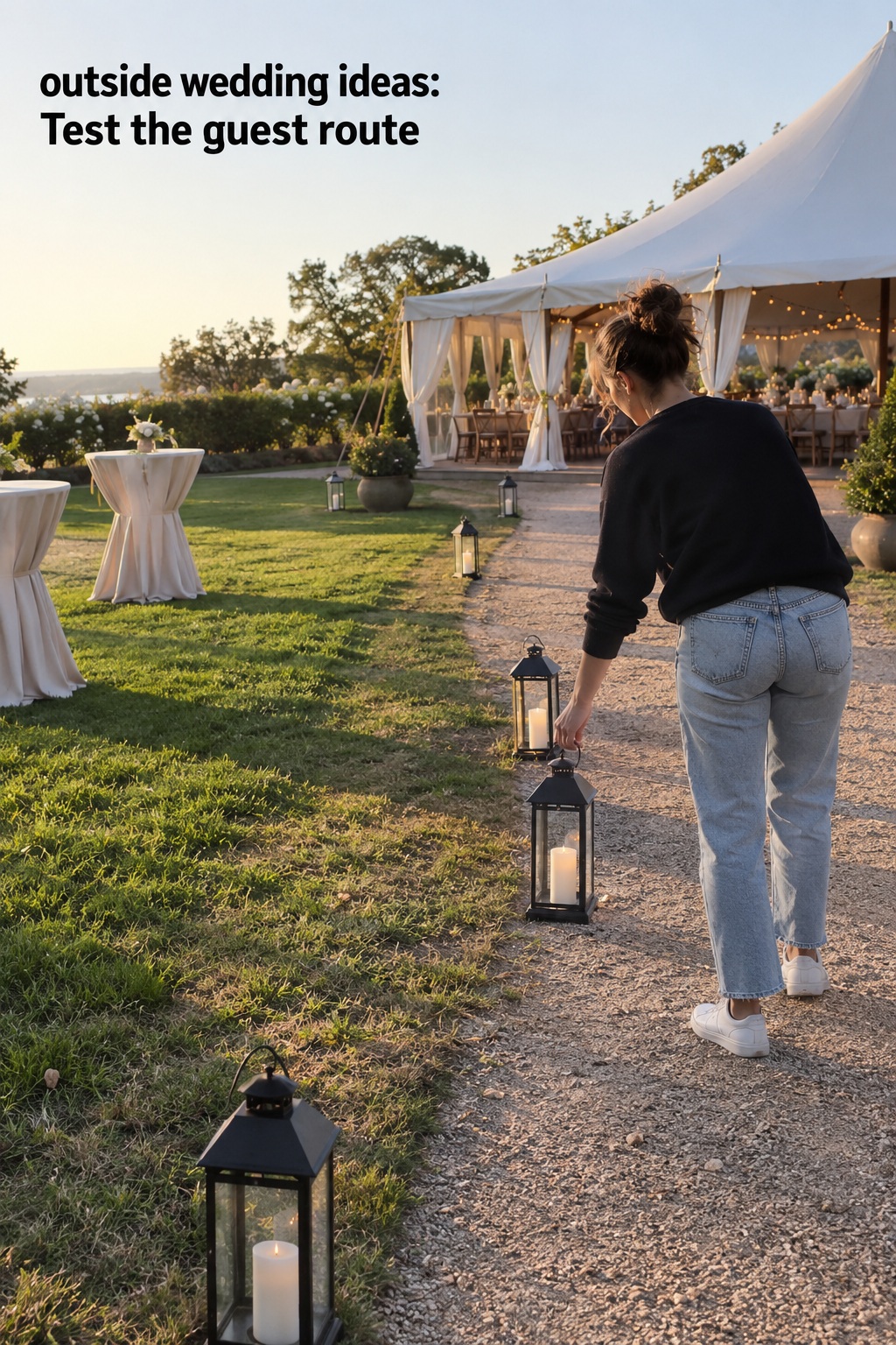 outside wedding ideas with a setup worker checking the guest path to a tent