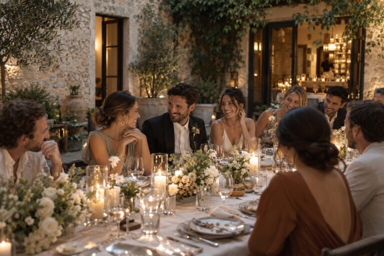 simple wedding ideas with couple and guests at an intimate restaurant dinner