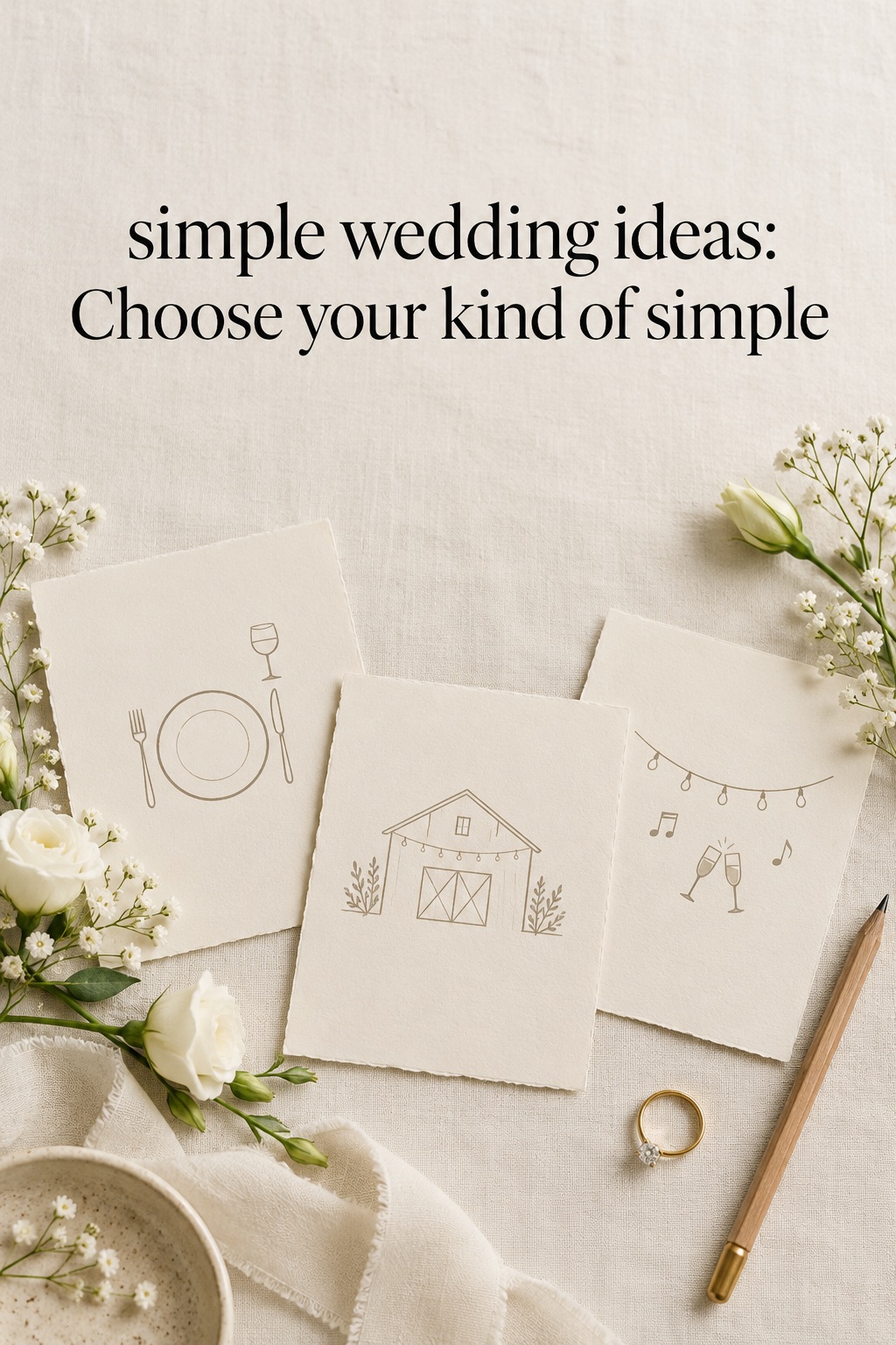 simple wedding ideas flat lay with three celebration formats, flowers and a ring