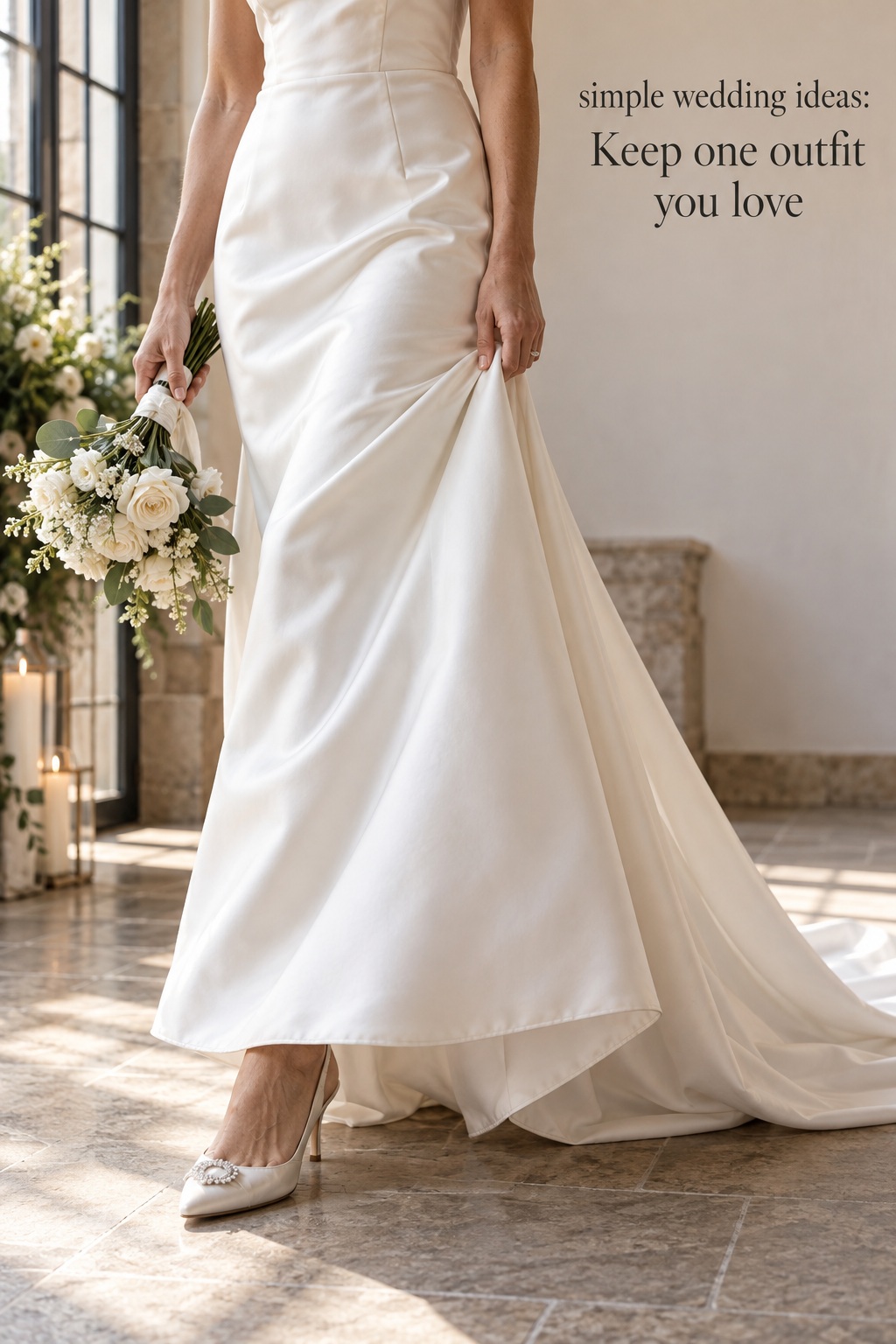 simple wedding ideas close-up of ivory satin bridal outfit and bouquet