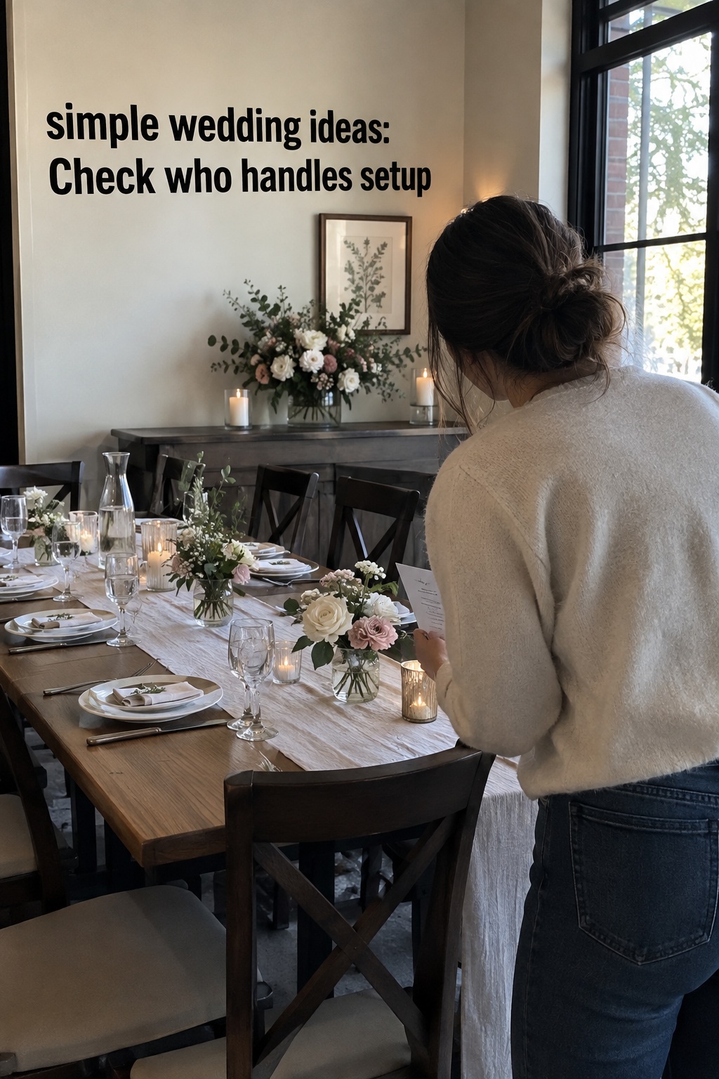 simple wedding ideas with a helper checking restaurant table setup