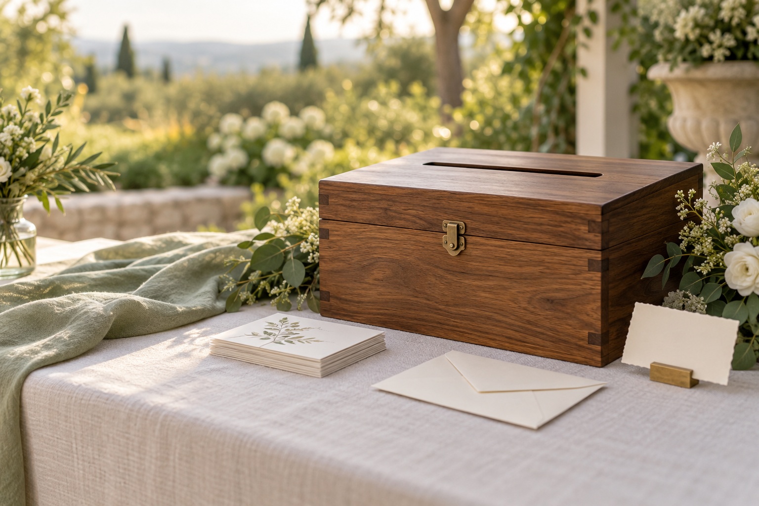 Wedding card box ideas with a wooden correspondence chest on a linen reception table