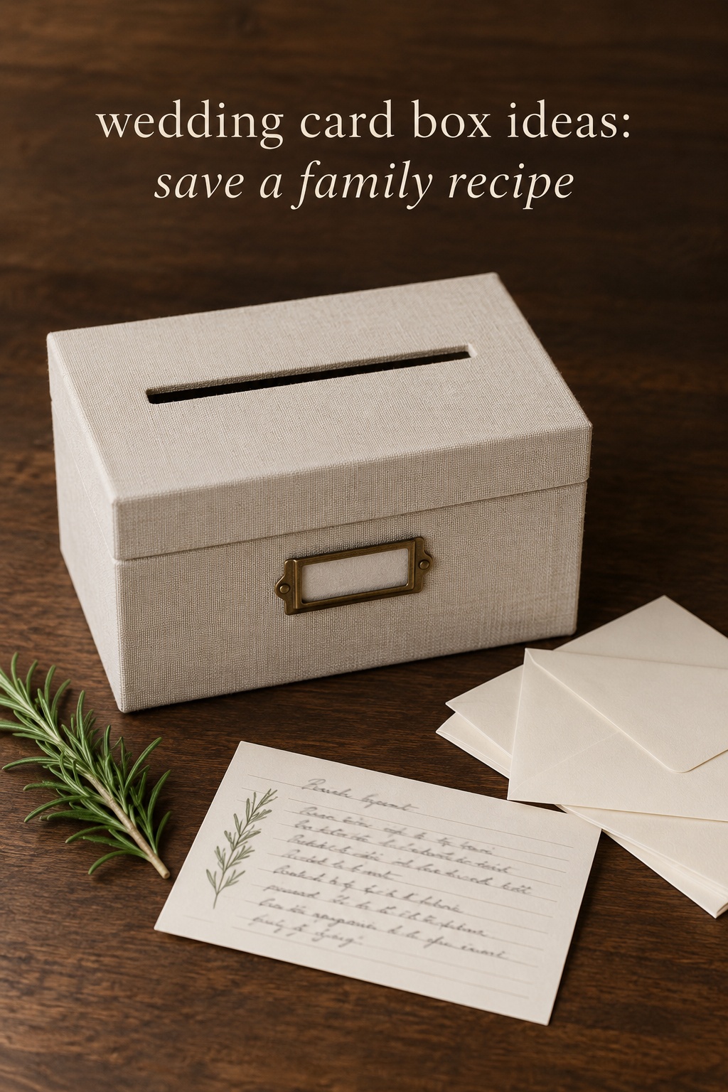 Wedding card box ideas: recipe-inspired cream linen envelope box on a wooden table
