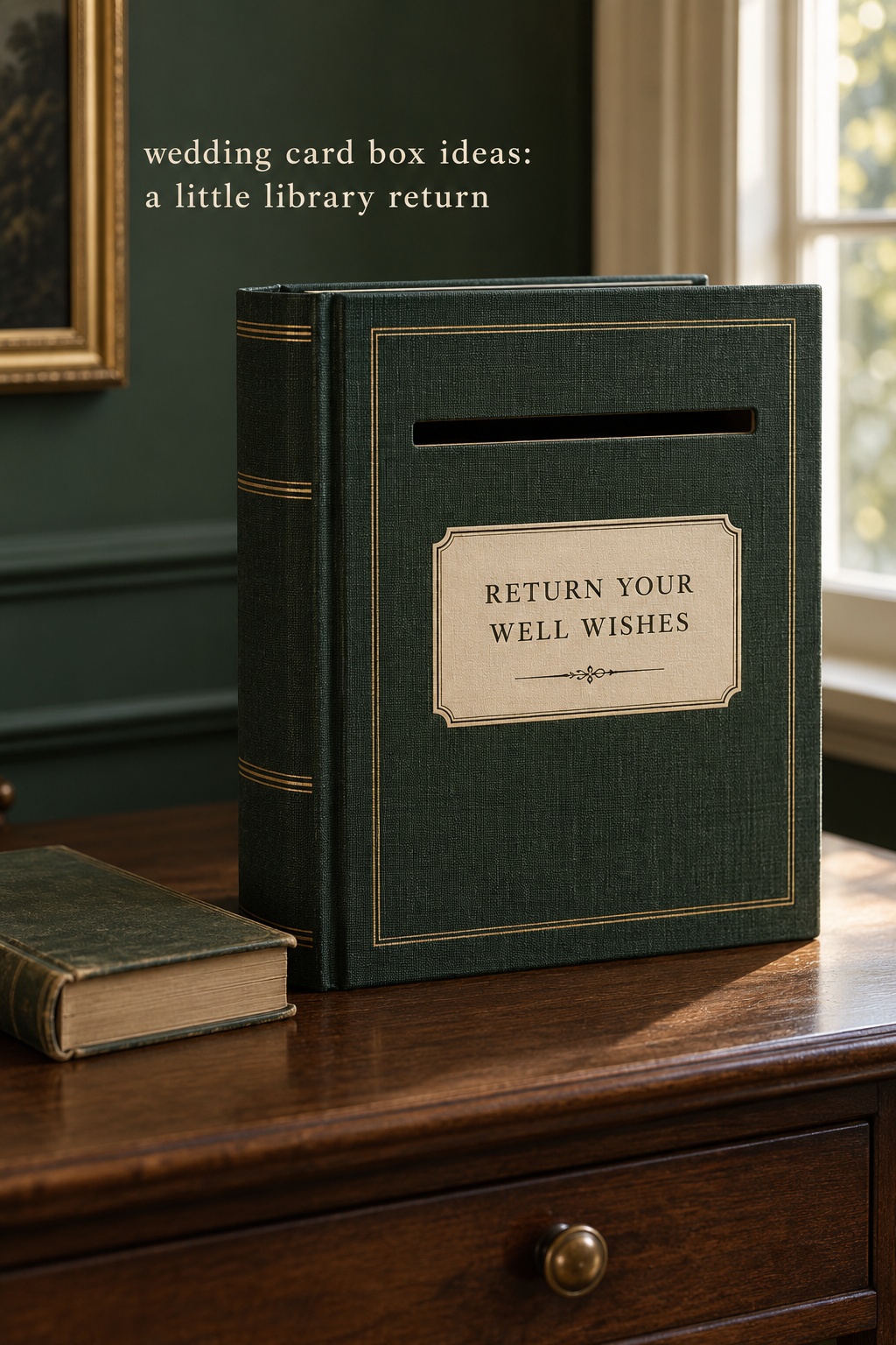 Wedding card box ideas: a green book-shaped envelope collector for readers