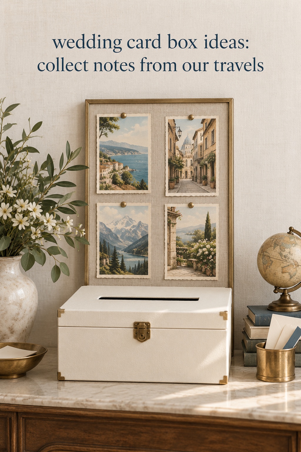 Wedding card box ideas with a postcard display and ivory envelope chest